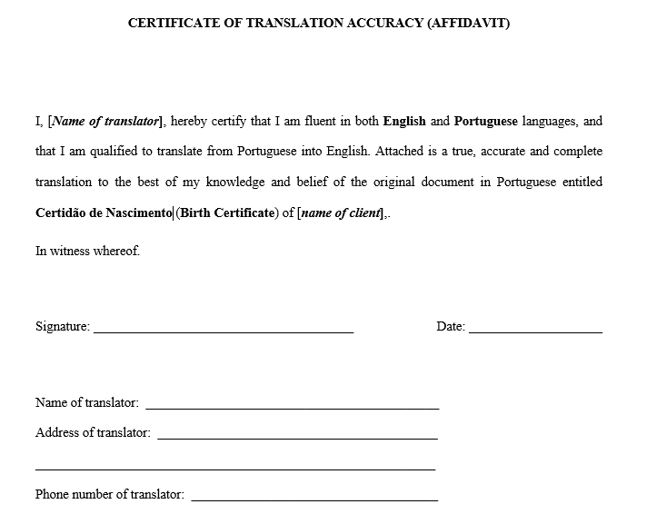 Affidavit do tradutor juramentado para visto para o Canadá. 