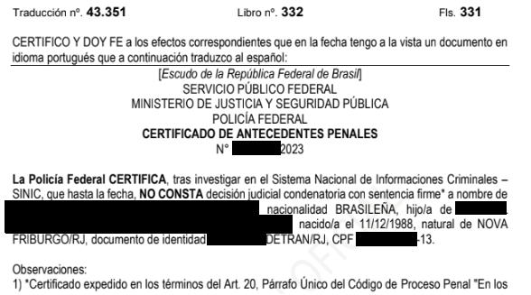 Tradução Juramentada de Certificado de Antecedentes Criminais Espanhol
