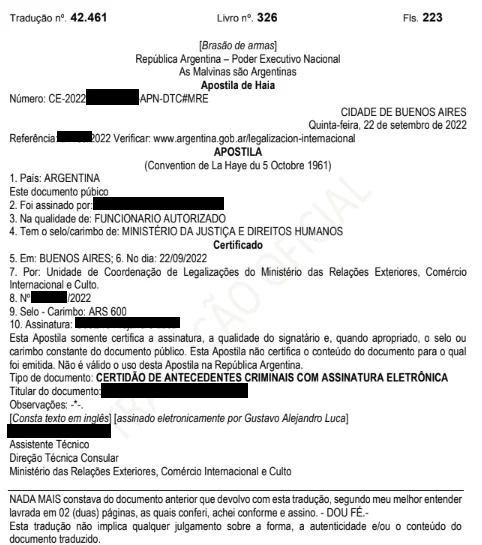 Tradução Juramentada de espanhol para português de Apostila de Haia